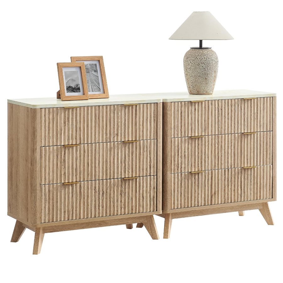 T4TREAM Set of 2 Fluted 3 Drawer Dresser